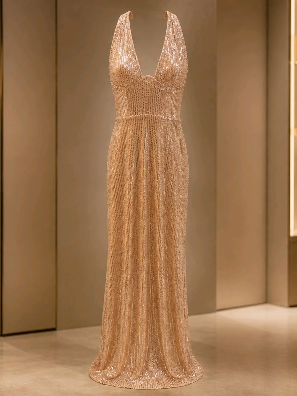 Golden Sequin Maxi Dress with Plunging V-Neck
